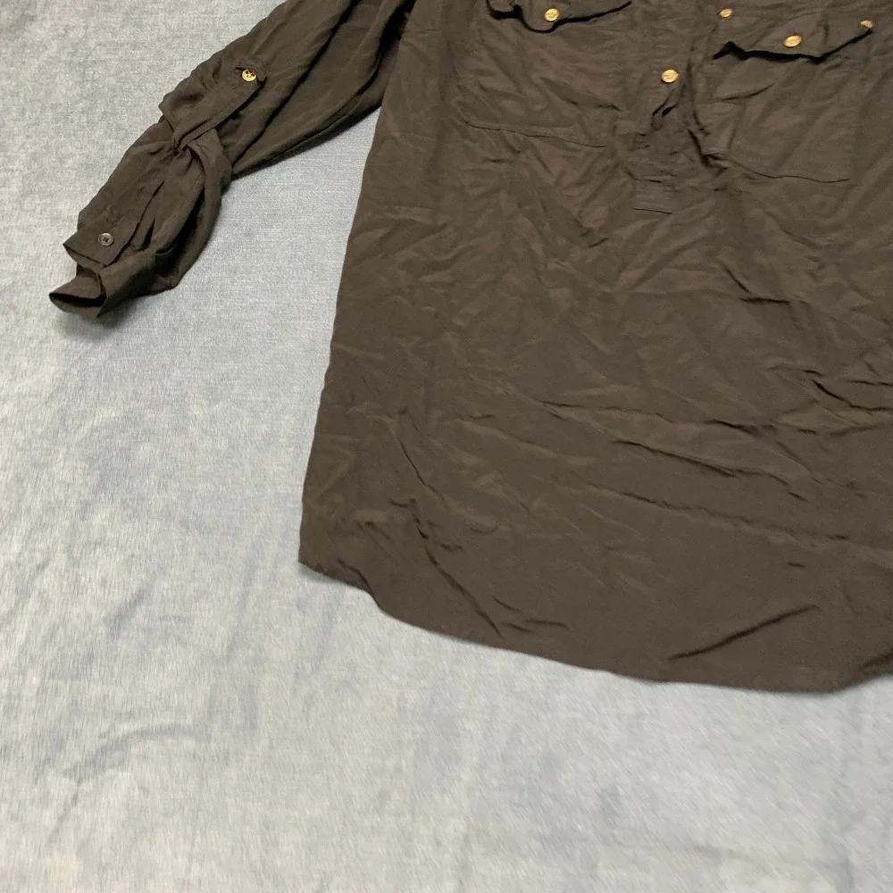 Michael Kors Blouse Top Womens 1X Black Pockets Roll Tab Sleeve Casual Pullover